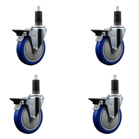 Service Caster 5'' Blue Poly Swivel 1-1/4'' Expanding Stem Caster Set with Brake, 4PK SCC-EX20S514-PPUB-BLUE-PLB-114-4